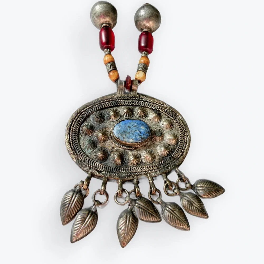 Vintage Artisan Bohemian Silver and Blue Pendant Necklace